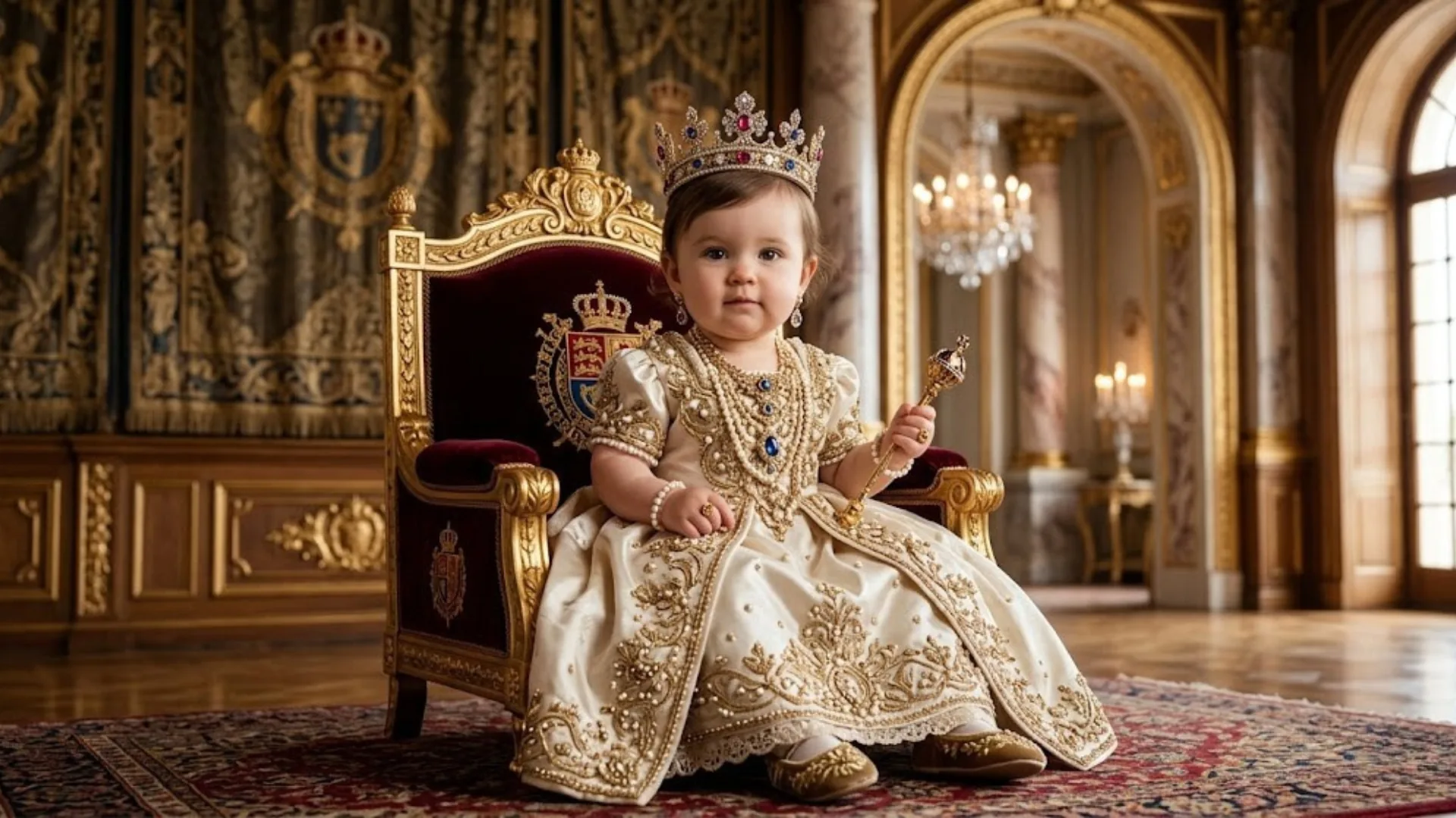 AI-generated baby dressed as a queen wearing detailed jewelry and a crown sitting in a palace interior with elegant decor